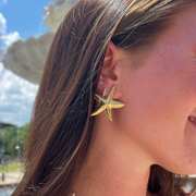 Woman wearing a gold starfish earring with a scenic background